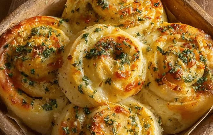 Baked garlic herb rolls or cinnamon rolls in a wooden baking dish, topped with melted cheese and chopped green herbs, on a wooden table.