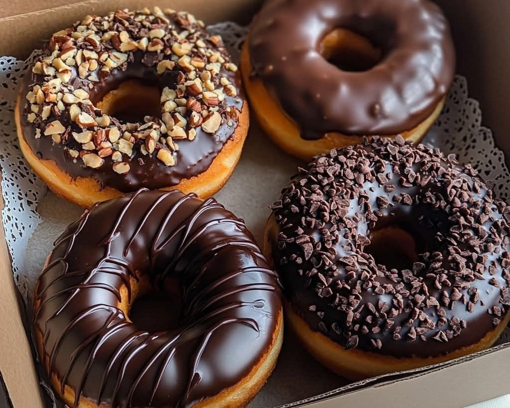 Box of chocolate-glazed donuts with various toppings