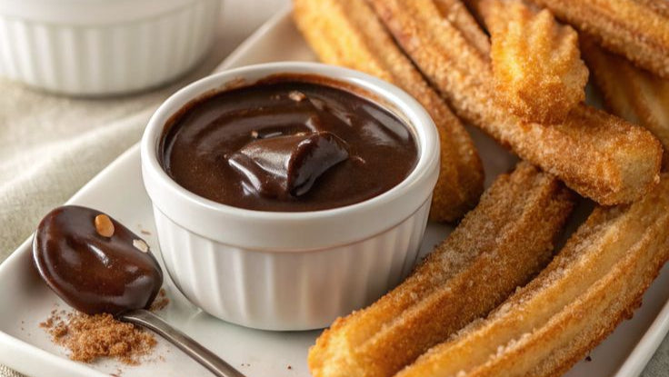 Churros with chocolate dipping sauce on a white plate