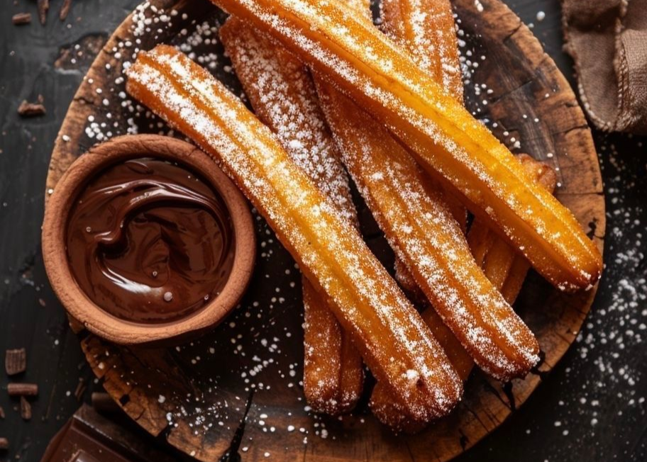 Churros with chocolate sauce on a wooden plate with a dark background