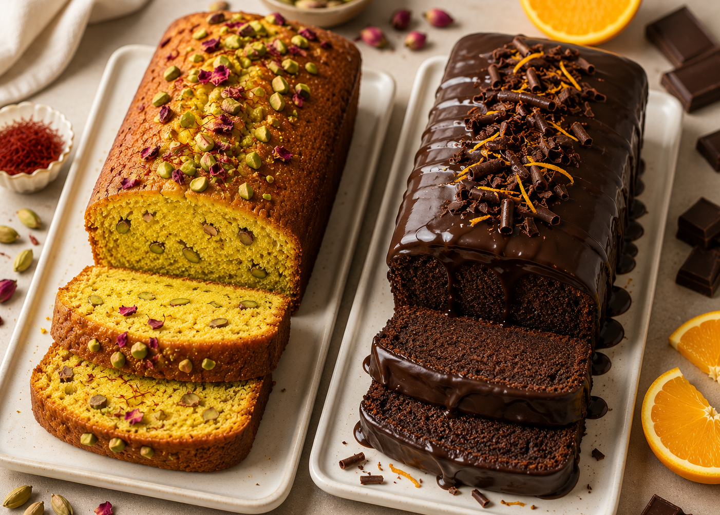 Two sliced loaves of cake on white rectangular platters, one golden yellow with pistachio and rosemary topping, and one dark chocolate with chocolate glaze and citrus zest. Sliced oranges, chocolate chunks, and pistachios are arranged around them on a light beige surface.
