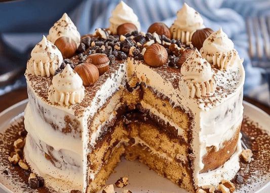 Layered cake with nuts on a plate, with a slice missing, on a wooden board.