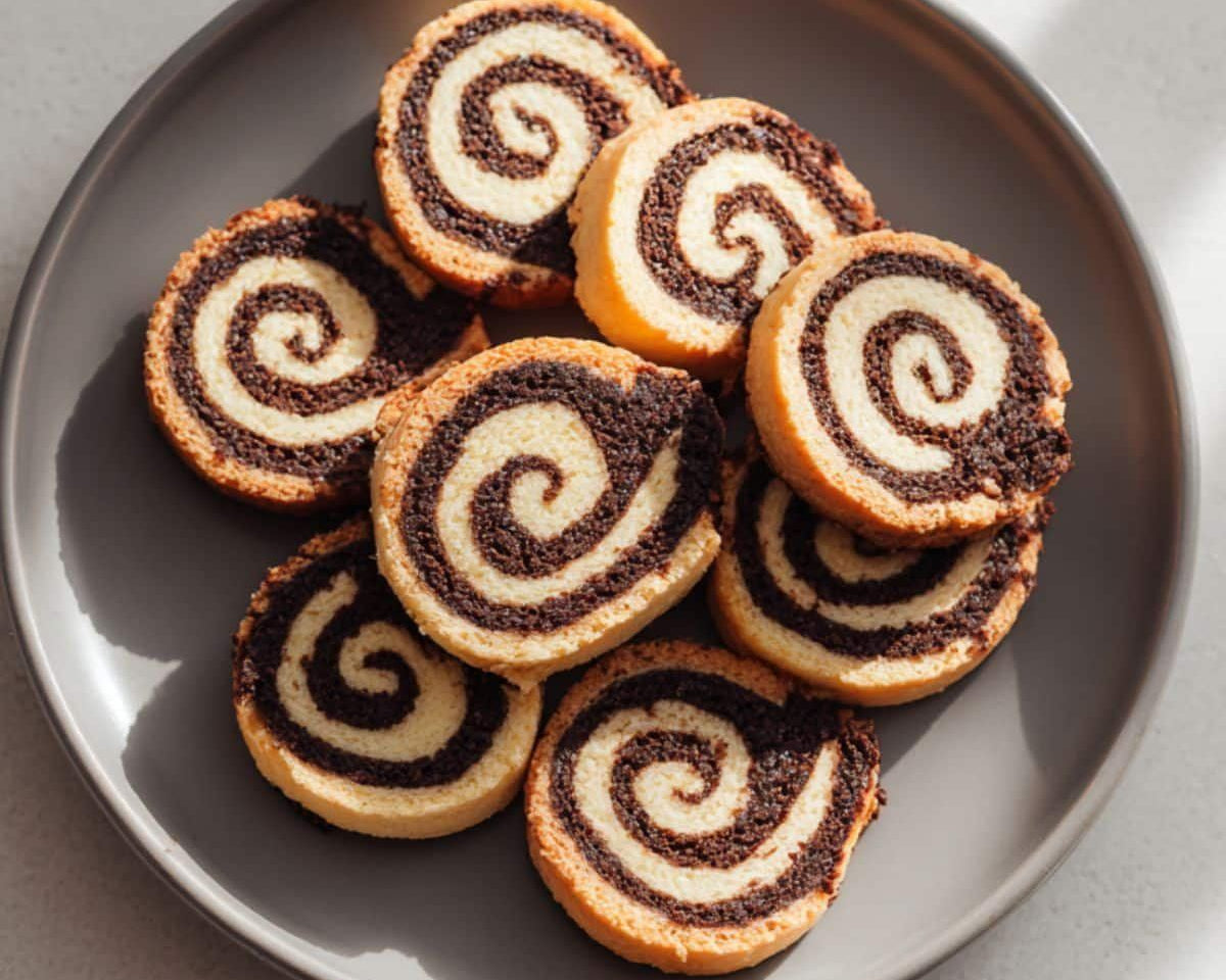 Swirl cookies on a gray plate with a neutral background