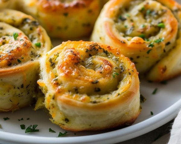 Rolls with cheese and herbs on a white plate