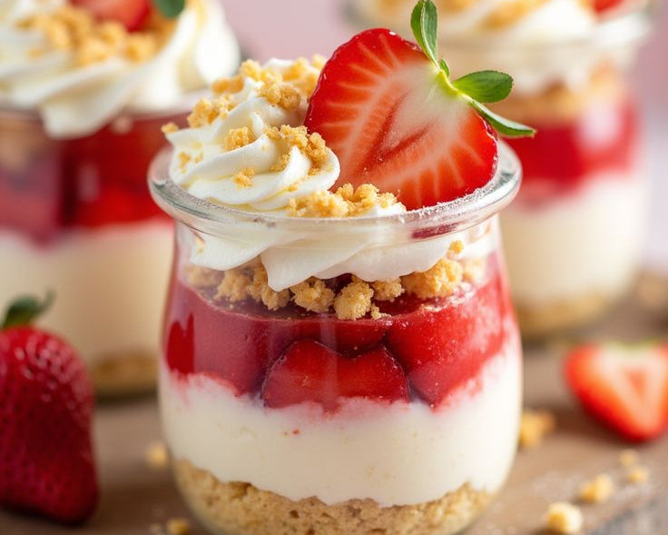 Delicate dessert in a small glass jar with layers of cream, strawberries, and crumbled cookies on a wooden board.