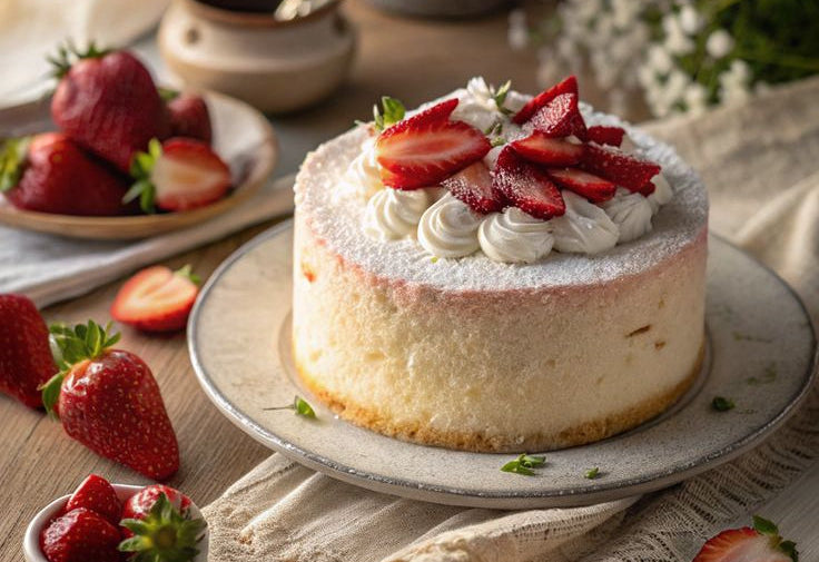 A round strawberry cheesecake on a ceramic plate, decorated with piped cream, fresh sliced strawberries, and a dusting of powdered sugar, set on a rustic wooden table with strawberries and a small dish in the foreground.