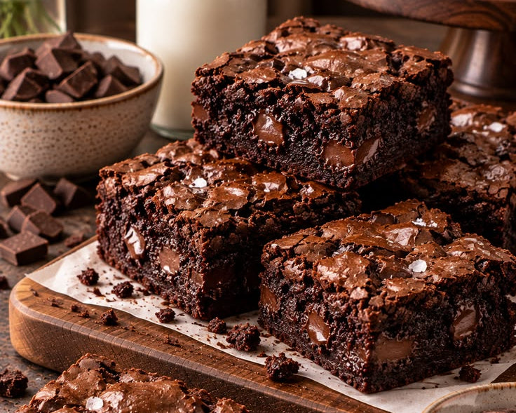 A stack of rich chocolate brownies topped with chocolate chips and coarse sea salt, arranged on a wooden board with scattered chocolate chunks, bowls of chocolate pieces, a glass bottle of milk, and a blurred brownie in the background.