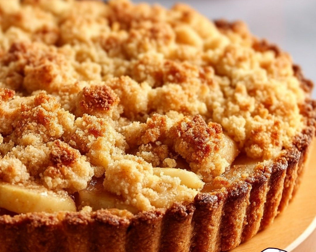 A close-up shot of a golden-brown apple crumb pie on a wooden board, with a blurred background showing a red apple and a blue cloth. A logo for 'Églises de Savours' is visible in the bottom right corner.