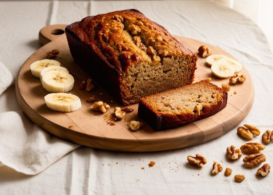 Loaf of banana bread with slices on a wooden board, surrounded by banana slices and walnuts.