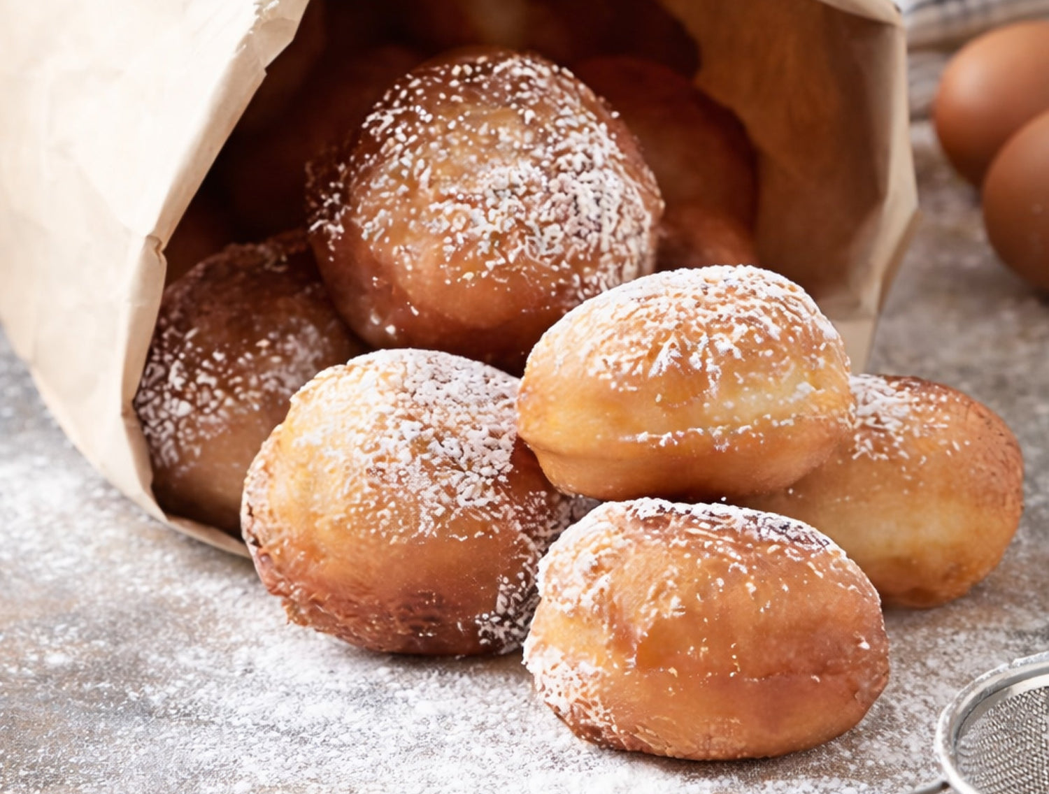 Donuts with powdered sugar spilling out of a paper bag on a rustic surface.
