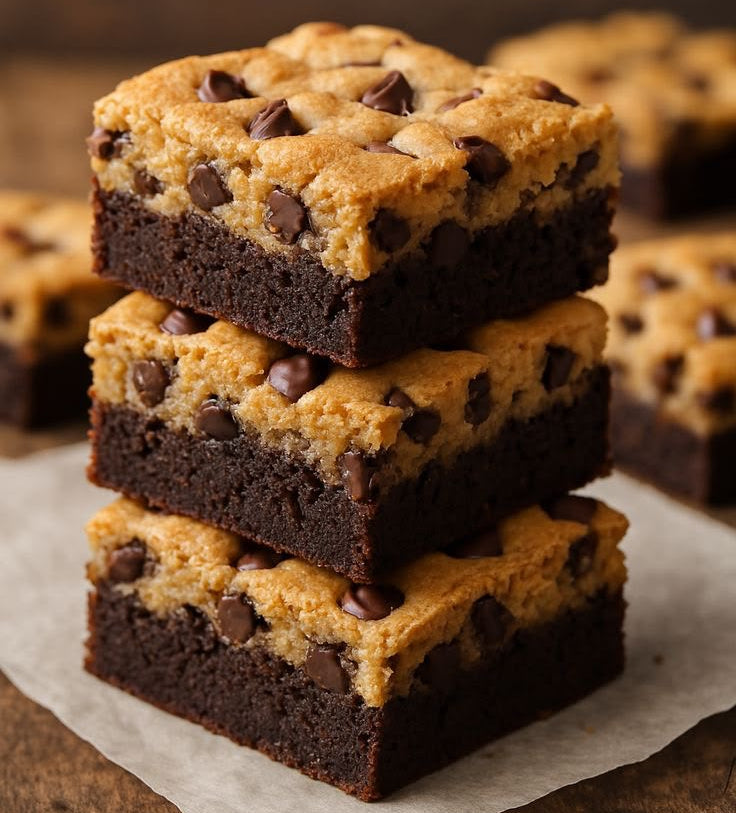 Stack of chocolate chip cookie brownies on a wooden surface
