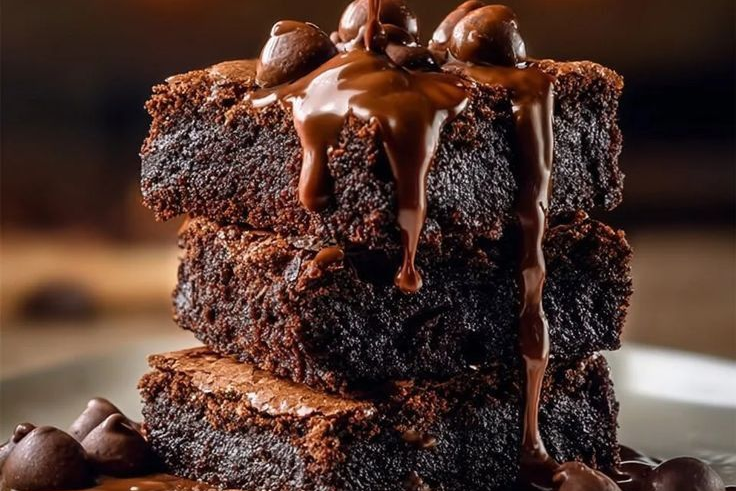 Stack of chocolate brownies with a drizzle of chocolate sauce on a plate.