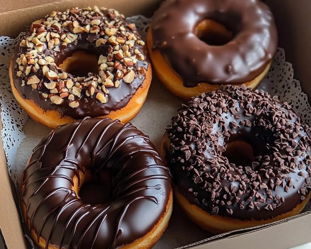 Box of chocolate-glazed donuts with various toppings