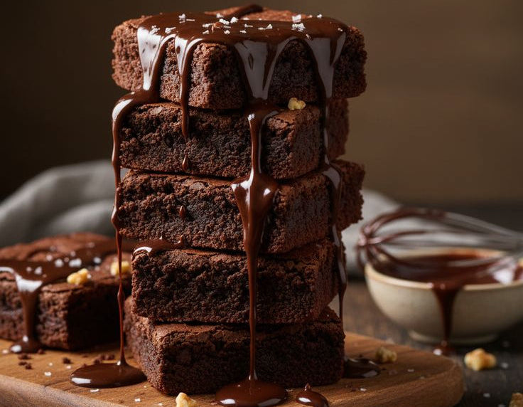 Stack of chocolate brownies with drizzle on a wooden board