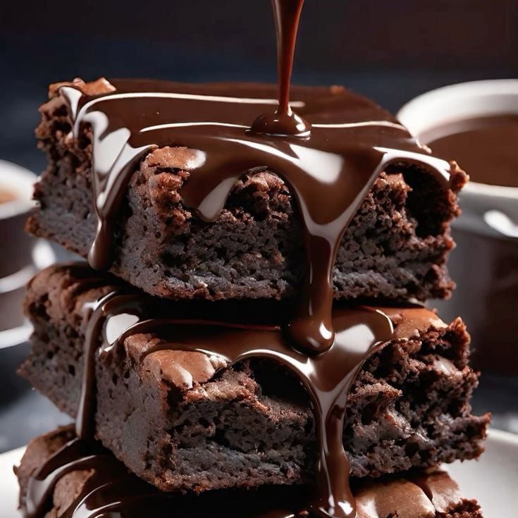 Stack of brownies with chocolate drizzle on a white plate