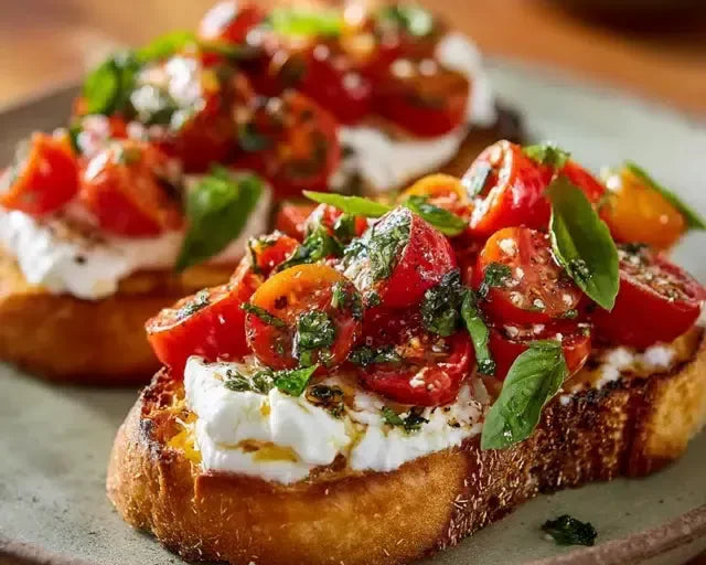 Two pieces of toasted bread topped with white cheese, sliced red tomatoes, and fresh green basil, served on a gray plate on a wooden table.
