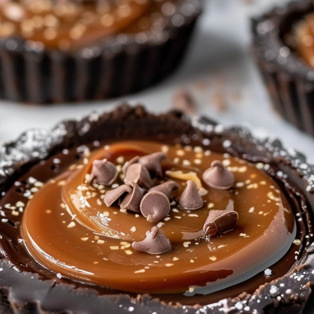 Close-up of a chocolate tart with caramel filling and chocolate chips on a light background