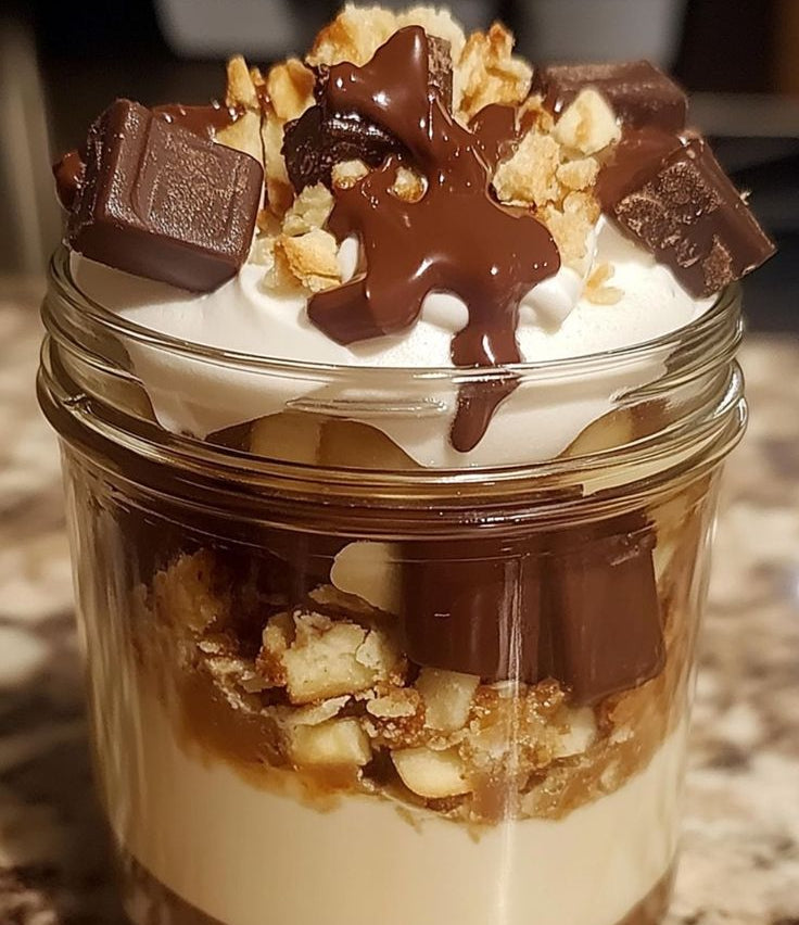 Mason jar dessert with whipped cream, chocolate, and nuts on a marble surface