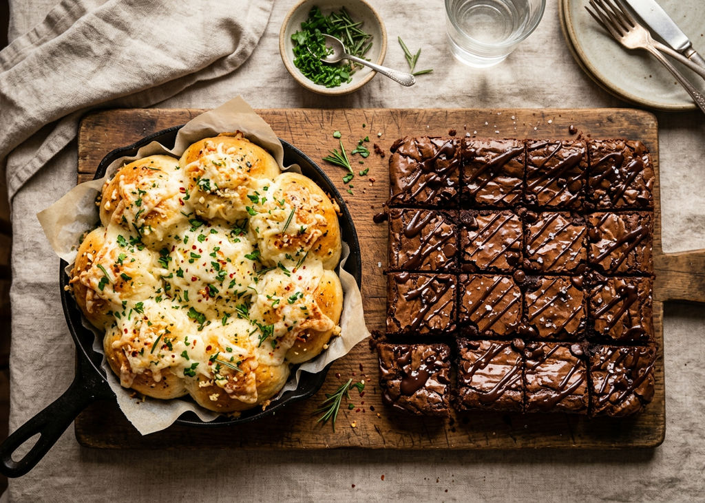 Cheesy Garlic Herb Rolls + Triple Chocolate Brownies