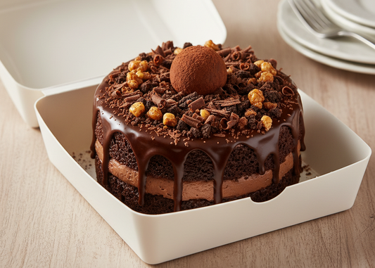 Chocolate cake with caramel bits on a white plate