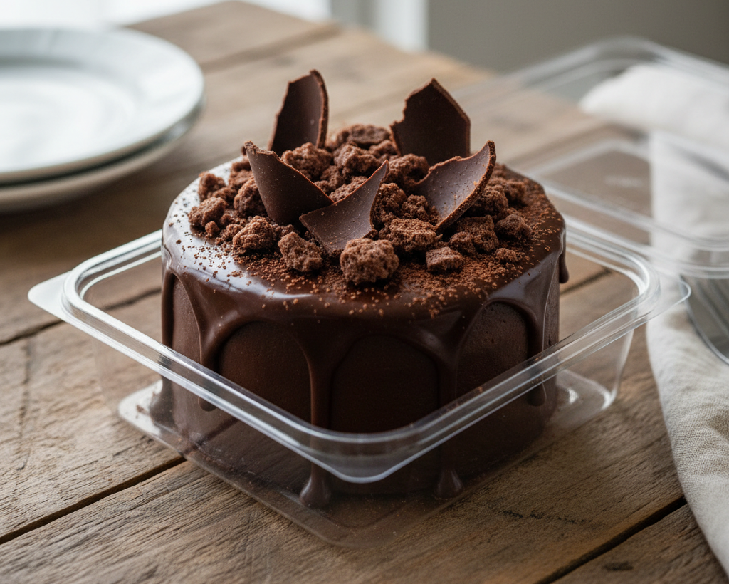 Chocolate cake with crumbled chocolate pieces in a clear container on a wooden table.