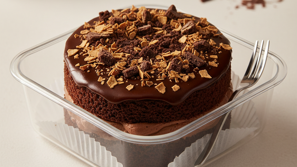 Chocolate cake with crumbled cookies in a clear container on a light surface.