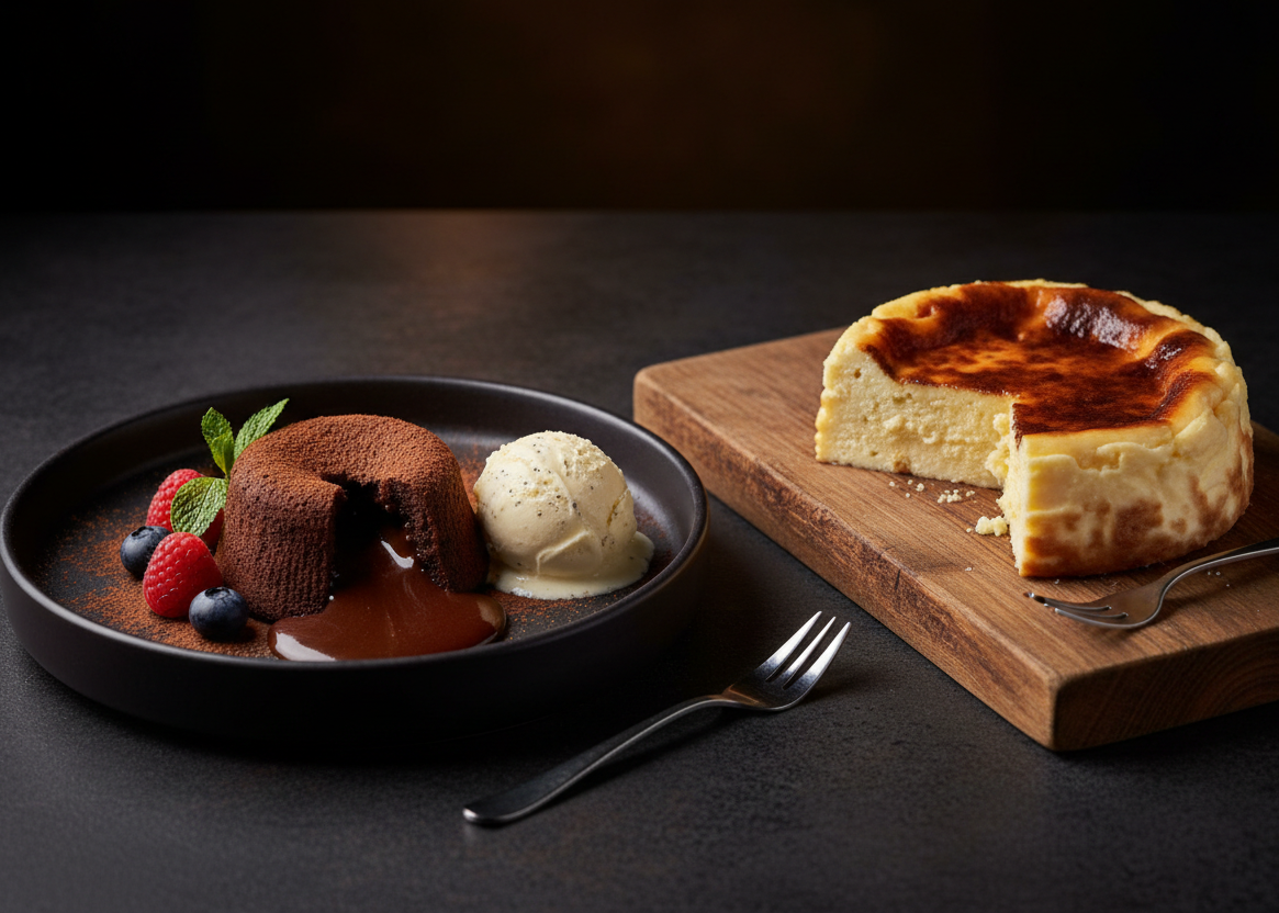Two desserts on a dark surface: a molten lava cake with ice cream and berries, and a cheesecake on a wooden board.
