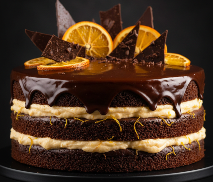 Chocolate cake with orange slices and chocolate shavings on a black stand against a dark background