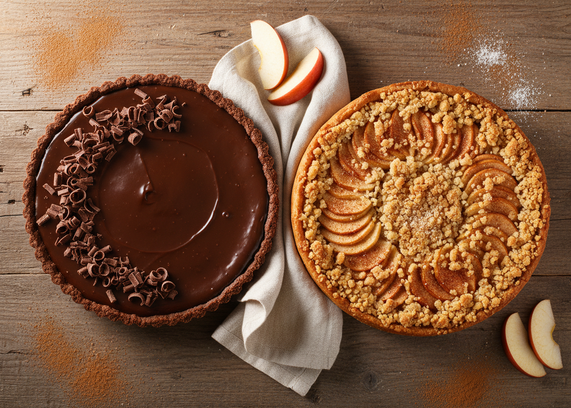 Two apple pies arranged on a rustic wooden table, one chocolate pie with chocolate shavings and one caramel-topped apple crumb pie, with apple slices and a napkin as props.
