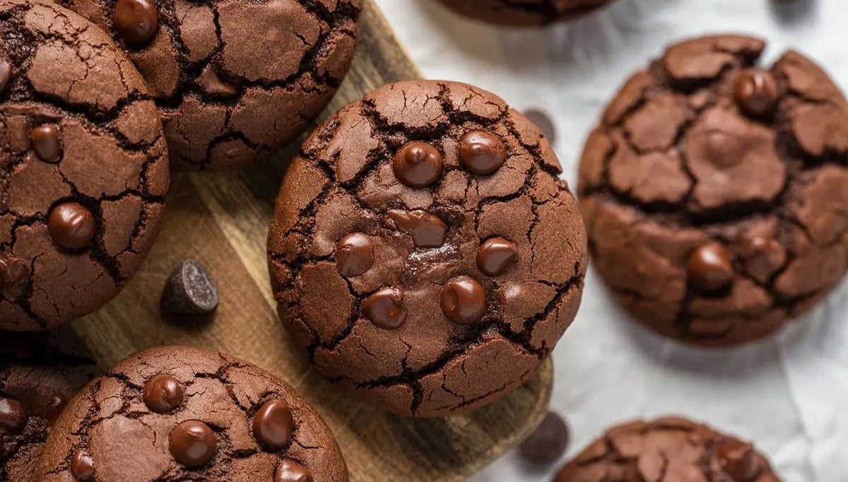Chocolate cookies with chocolate chips on a wooden board and white surface