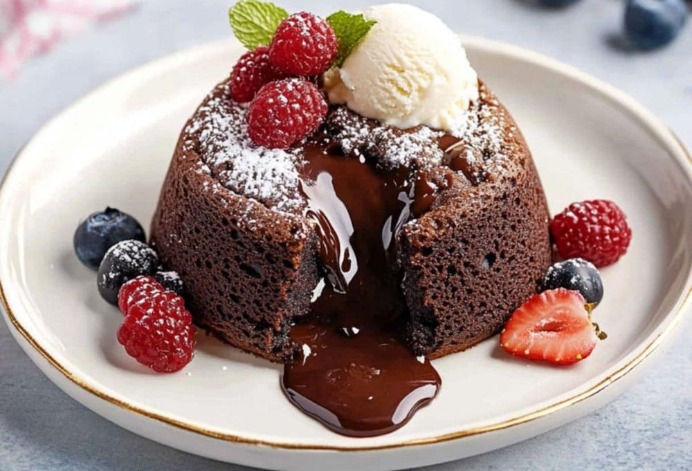 Chocolate lava cake with berries and ice cream on a white plate
