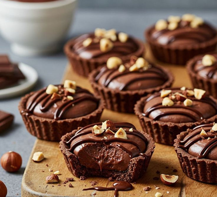 Several chocolate tartlets filled with rich chocolate mousse, topped with drizzles and chopped hazelnuts, arranged on a wooden board with a few whole hazelnuts and a small bowl of chocolate sauce in the background.
