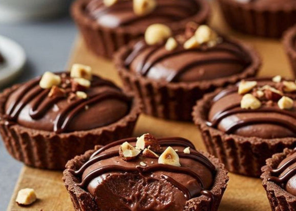 Chocolate tarts on a wooden board with a bowl of chocolate sauce in the background.