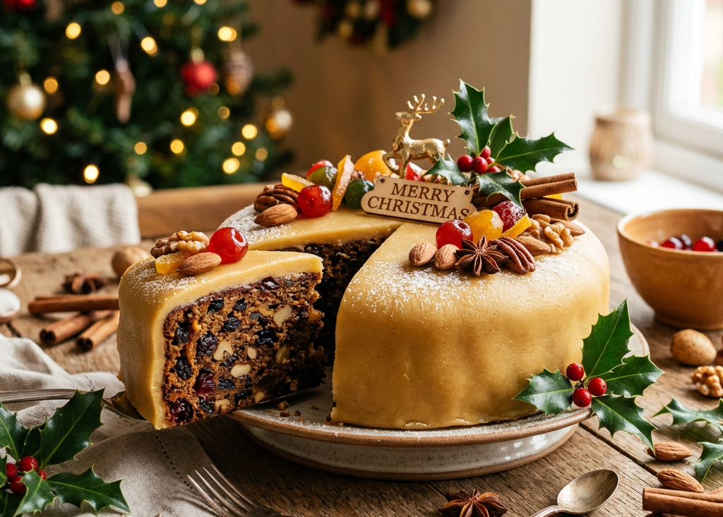 A decorated Christmas cake with a golden icing glaze, sliced to show a dense fruit filling, topped with holly leaves, nuts, cinnamon sticks, and a small 'Merry Christmas' sign, set on a wooden table with festive decorations and a blurred Christmas tree in the background.