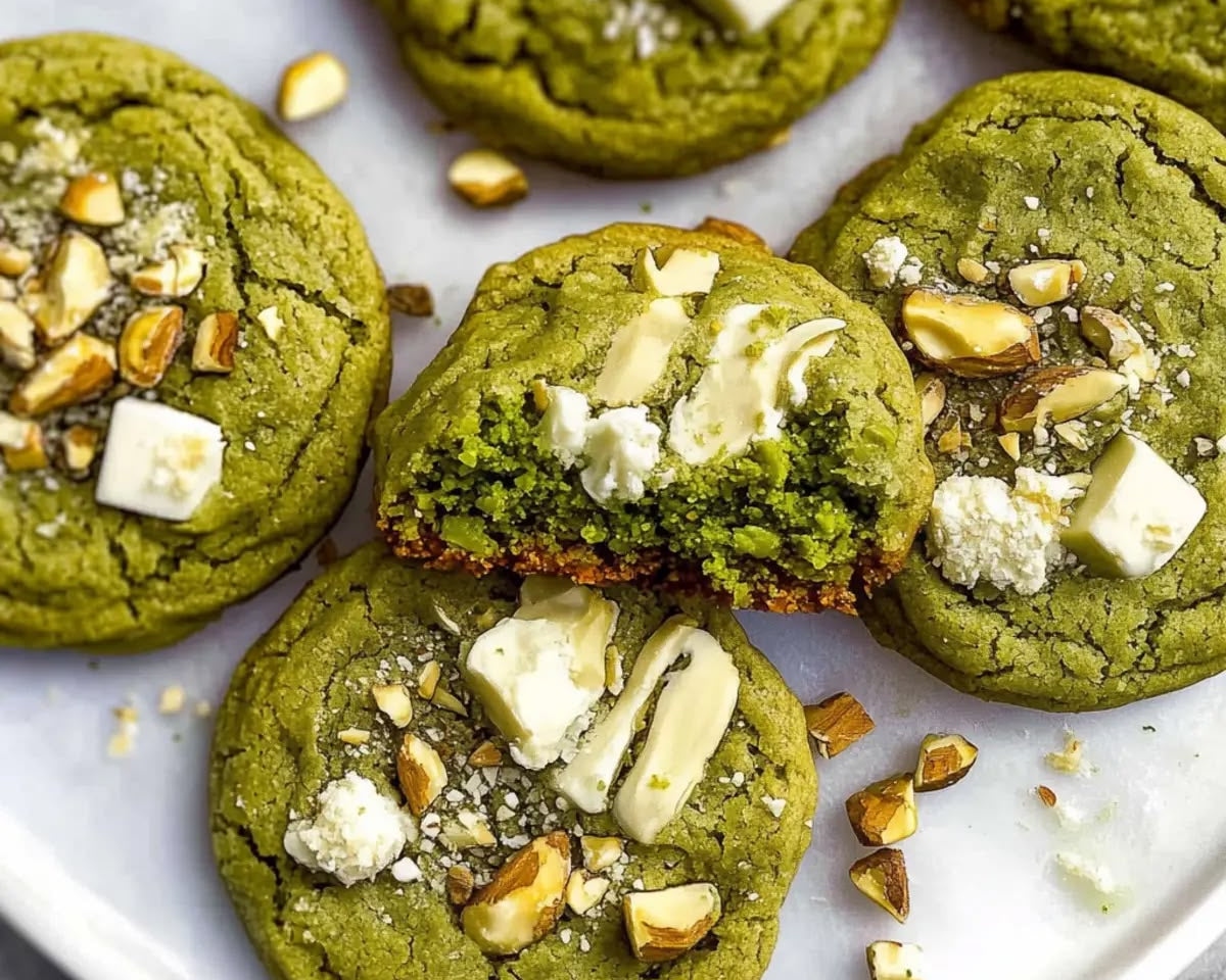 Green matcha cookies topped with white chocolate chunks, sliced almonds, and coarse sugar crystals, with one cookie broken open to show the crumb. The cookies are arranged on a white plate.