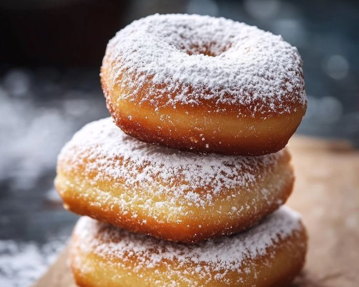 Stack of powdered sugar-covered donuts on a dark background