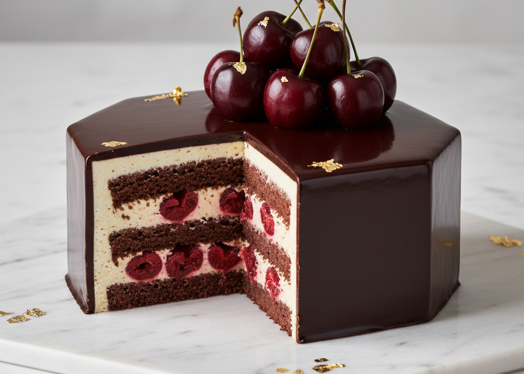 A square chocolate cake with a glossy dark chocolate glaze, three layers of dark chocolate cake with red cherry filling, topped with fresh cherries and small gold leaf accents, presented on a white marble board.