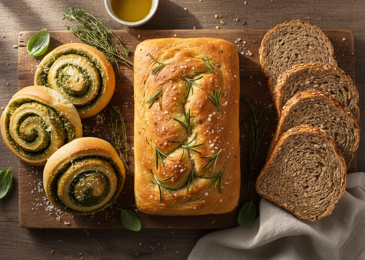 A beautifully styled flat-lay of freshly baked bread on a dark wooden board, featuring a rectangular loaf topped with rosemary and sea salt, three green-topped spiral pinwheel rolls, and several slices of brown whole wheat bread, with a small bowl of olive oil in the background.