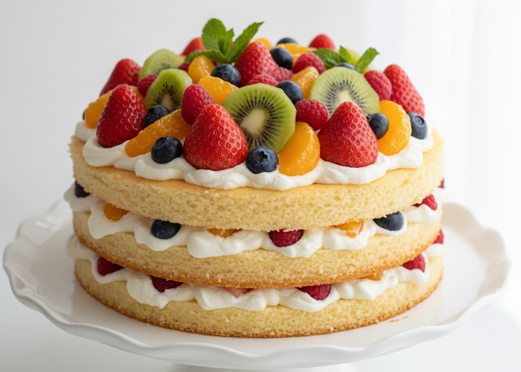 A three-layer sponge cake decorated with whipped cream, fresh strawberries, blueberries, kiwi slices, orange slices, and mint leaves, displayed on a white pedestal cake stand against a bright white background.