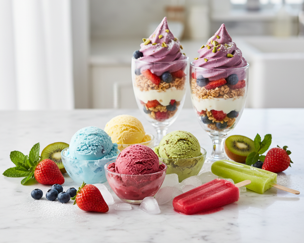 Two layered dessert parfaits in clear glasses topped with purple whipped cream and sprinkles, arranged on a marble surface with scoops of blue, yellow, pink, and green ice cream, a red popsicle, kiwi slices, strawberries, blueberries, and mint leaves in a bright kitchen setting.