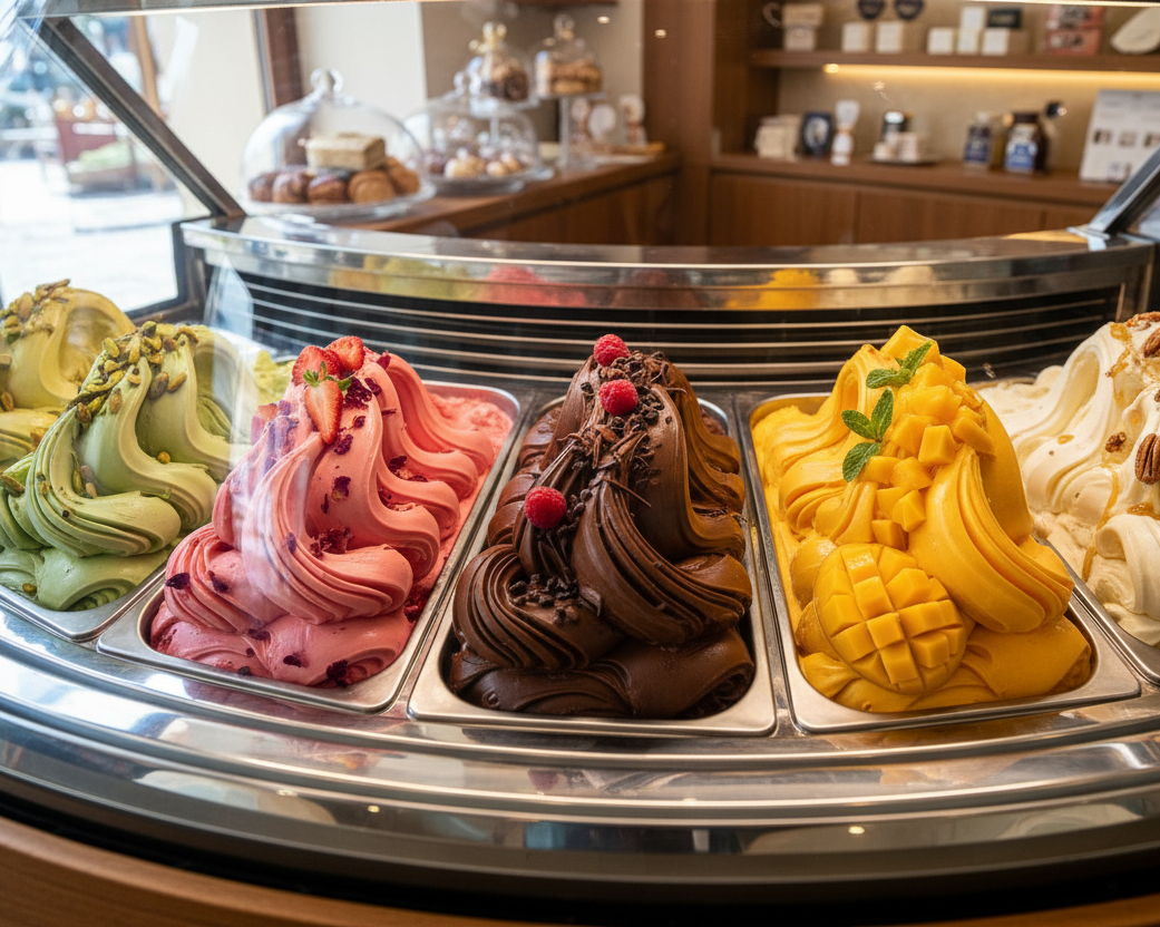 Six flavors of frozen dessert or gelato displayed in metal trays inside a glass-front freezer case at a bakery or cafe. The flavors include light green, pink berry, dark chocolate, yellow mango, and vanilla, with various toppings like berries, chocolate shavings, and diced mango visible.