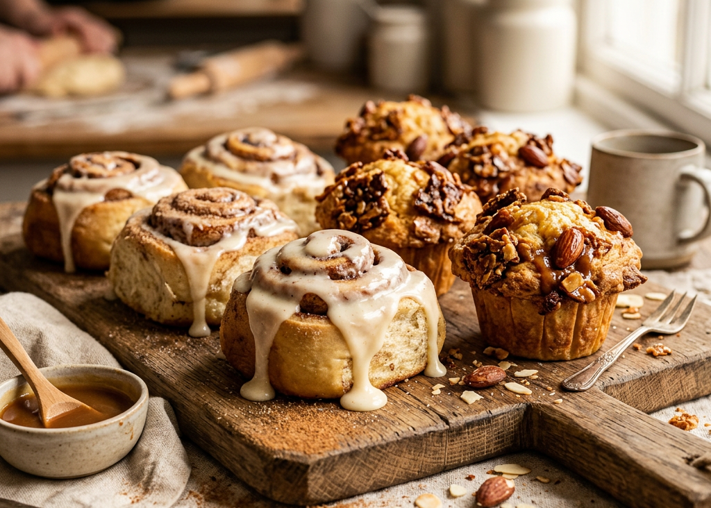 Gooey Cinnamon Buns + Almond Brittle Muffins