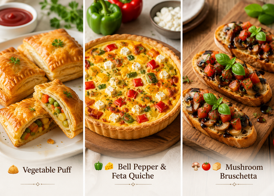 Three vertical food panels showing prepared dishes: golden flaky pastry turnovers labeled Vegetable Puff, a stuffed quiche labeled Bell Pepper & Feta Quiche, and toasted bread slices topped with mushrooms and tomatoes labeled Mushroom Bruschetta.