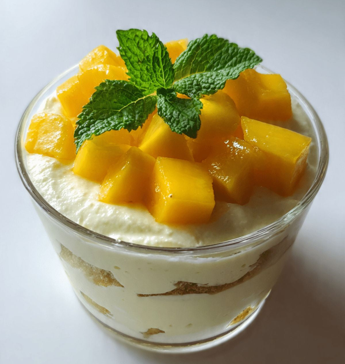 Dessert in a glass with mango pieces and mint leaves on a white background
