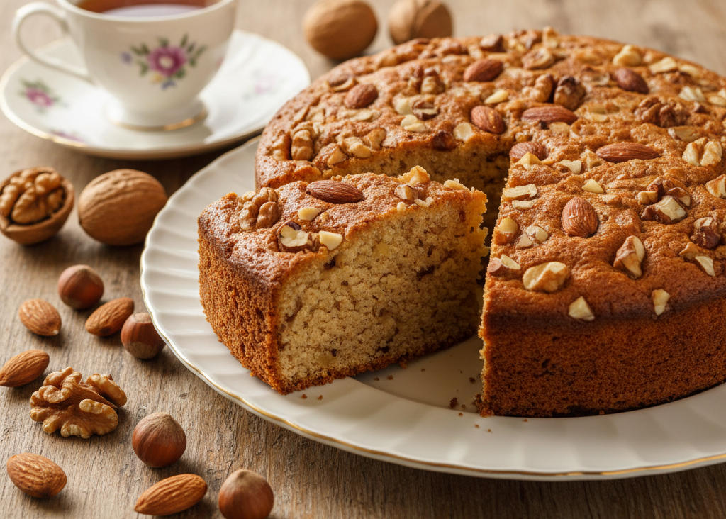Nuts around a sliced cake on a plate with a cup of tea in the background