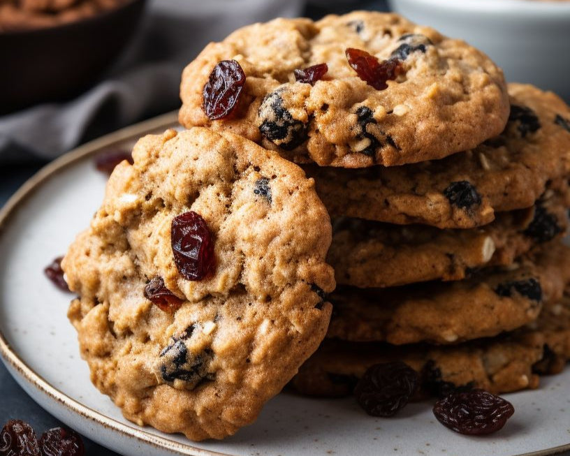 Stack of oatmeal raisin cookies on a plate with a glass of milk in the background.