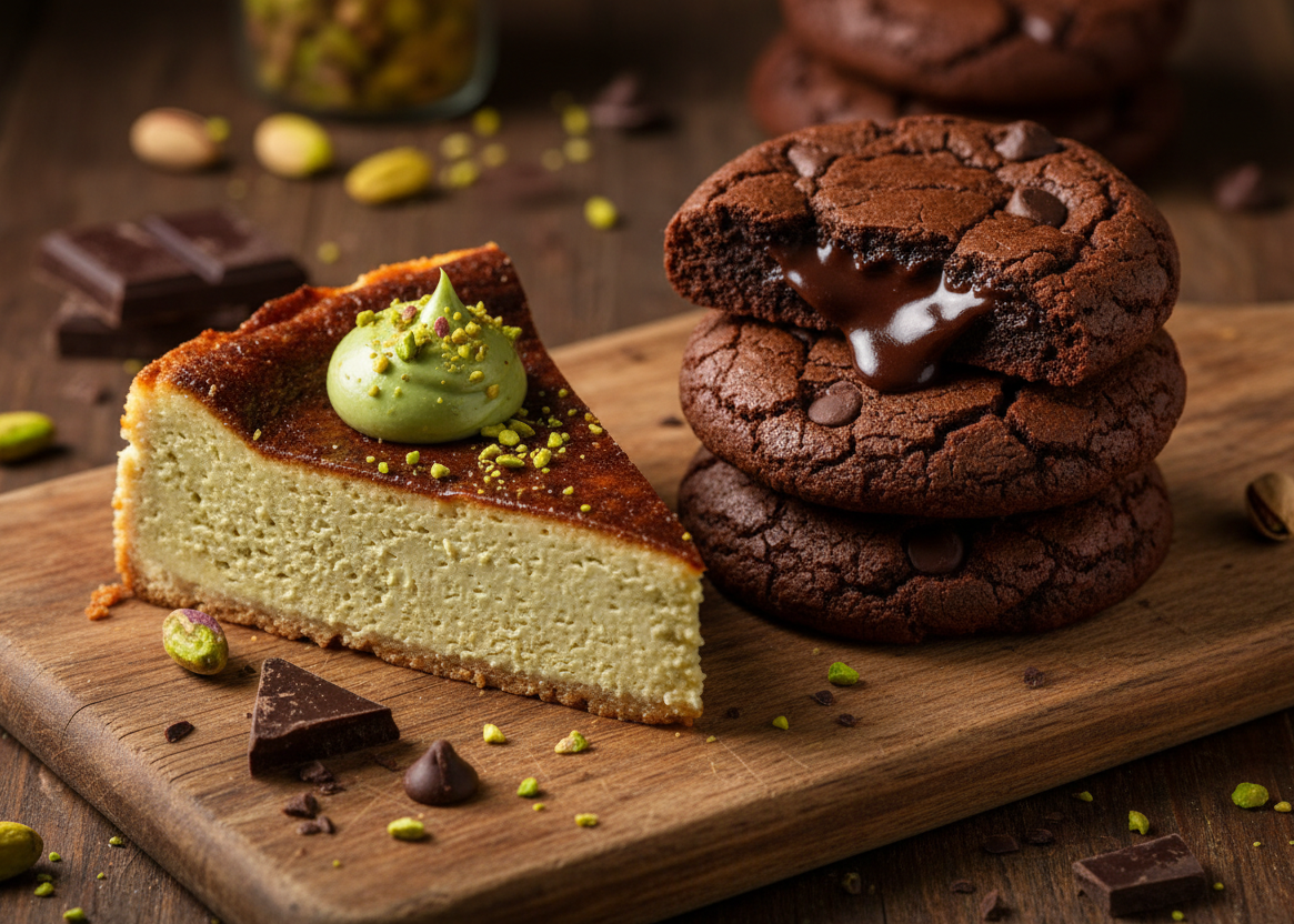 A slice of creamy cheesecake topped with green pistachio cream and crushed pistachios, served on a wooden board beside a stack of chocolate chip cookies with melted chocolate, with scattered chocolate pieces and pistachios around.