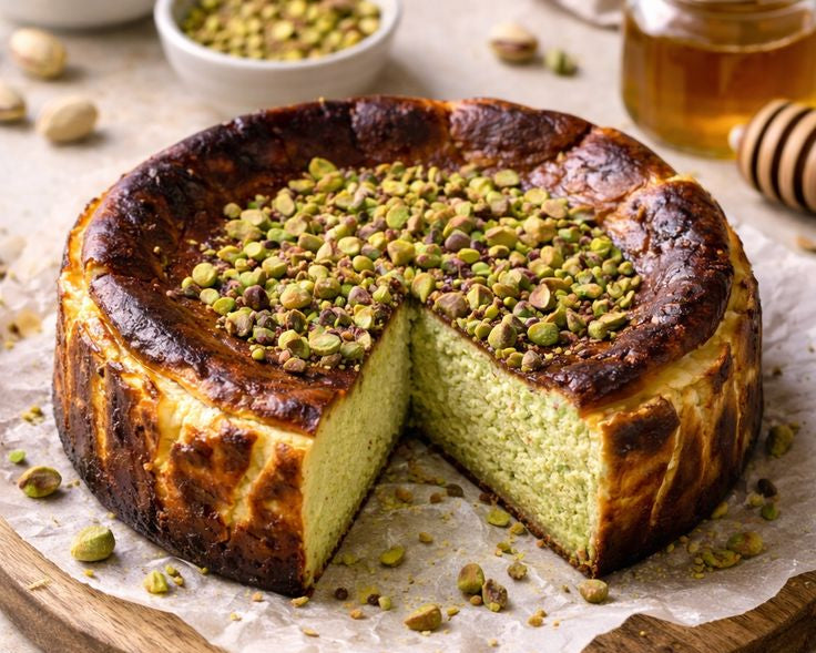 A sliced pistachio cheesecake on a wooden board with a slice removed, topped with chopped pistachios. Small bowls of pistachios and honey, plus a honey dipper, are arranged around it on a neutral surface.