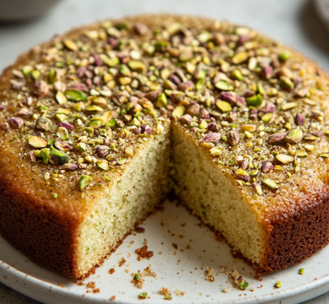 A round golden-brown cake with a slice cut out, topped with chopped pistachios and ground nuts, served on a speckled white plate against a light gray background.