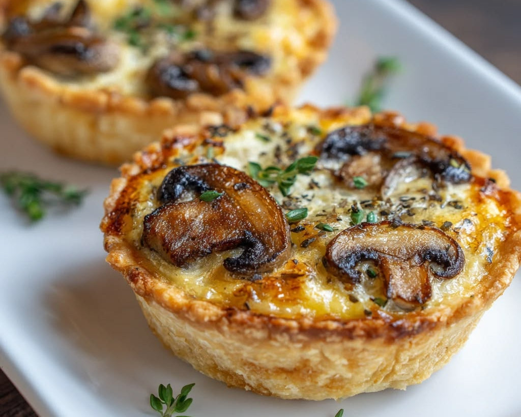 Two baked mushroom and cheese quiches on a white rectangular plate, garnished with fresh thyme, set against a dark wooden background.